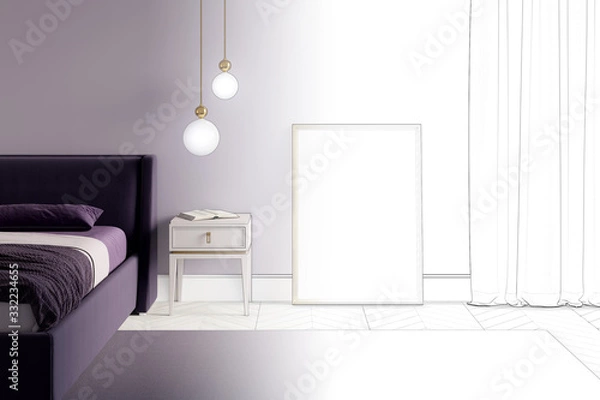 Fototapeta The sketch becomes a real bedroom in purple tones with a poster on the floor in a gold frame, a curtain, a lamp above the nightstand, bed, carpet and white parquet. Front view. 3d render