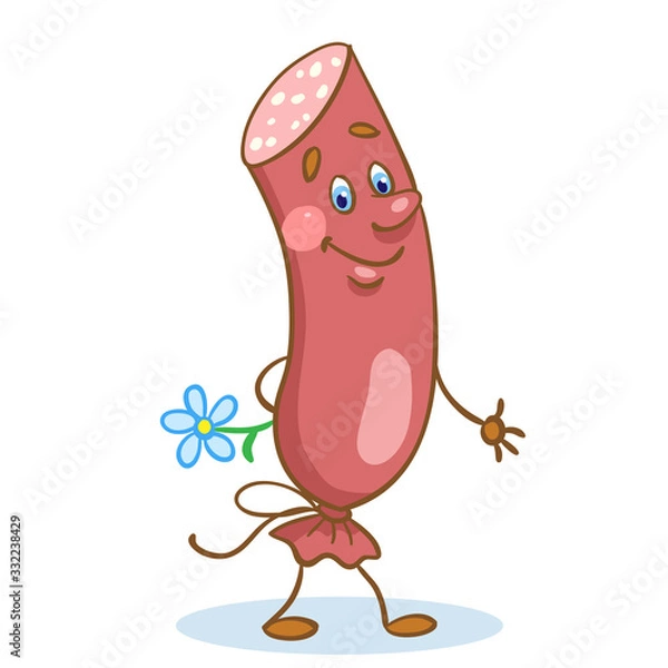 Obraz Funny sausage in cartoon style. Isolated on white background. Vector illustration.