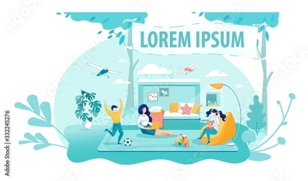 Obraz Mom Working Online Flat Banner Vector Template