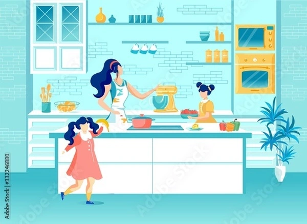 Fototapeta Happy Mother and Daughters Cooking on Home Kitchen