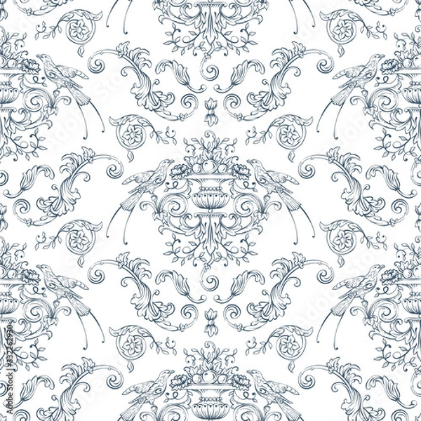 Obraz Seamless pattern with baroque, rocco style birds and swirls elements