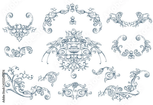 Obraz Floral decorative vector elements set, rococo and baroque style, vintage royal details