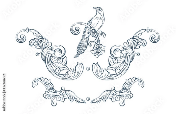 Obraz Floral decorative vector elements with bird, rococo and baroque style