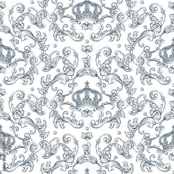 Obraz Seamless pattern with baroque damask design, rocco style crown and swirls elements