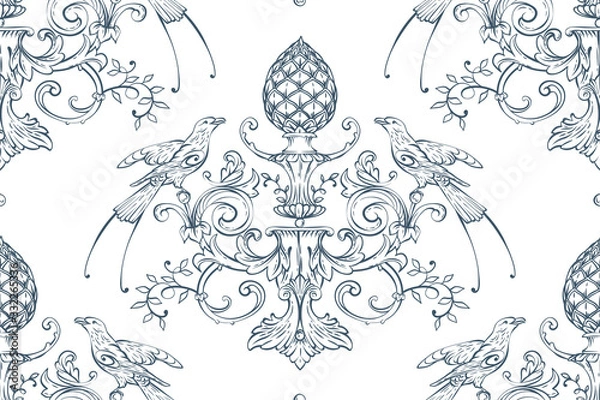 Obraz Seamless pattern with baroque luxury decorative elements, rocco style birds, cone and fashion swirls