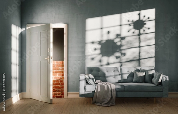 Fototapeta Half Barricaded or bricked Door in a Living Room with Shadow from a Prison Window and corona virus corona covid-19 microbe. Concept of Corona Isolation and Quarantine.. 3d render illustration