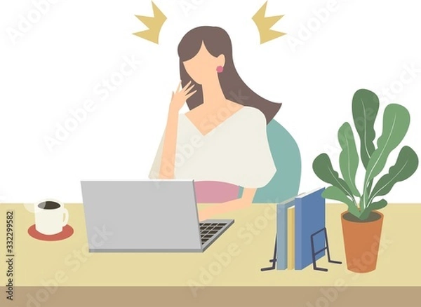 Obraz 女性　デスクワーク　テレワーク　リモートワーク　ビジネス　自宅　ノートパソコン　ベクター　イラスト