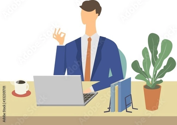 Obraz 男性　デスクワーク　テレワーク　リモートワーク　ビジネス　自宅　ノートパソコン　ベクター　イラスト　お金　副業