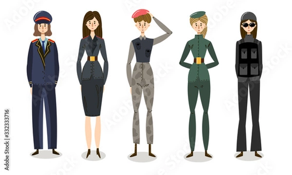 Fototapeta Set of young women soldiers in combat uniforms. Vector illustration in flat cartoon style.
