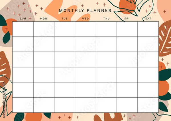 Fototapeta Cute printable Monthly Planner with plants, fruits and abstract design elements. Vector