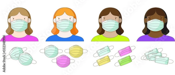 Obraz Masked women of different races, types of medical masks