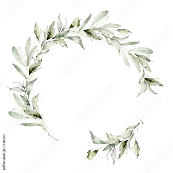 Fototapeta Wedding invitation, greeting card, watercolor painting with plant elements on a white background in modern style.