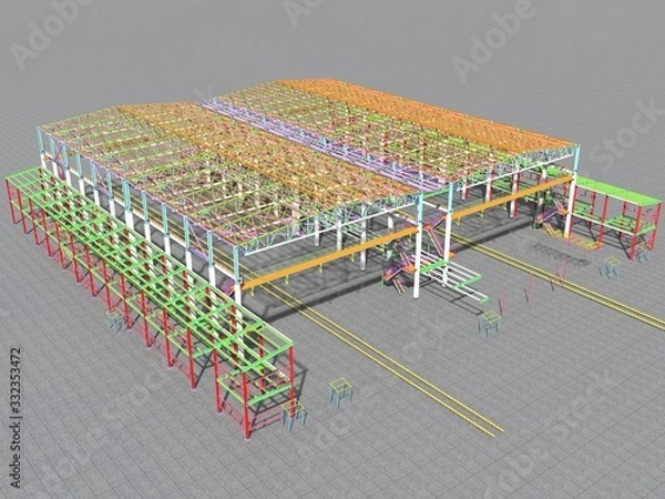 Obraz BIM-project of an industrial production frame of a building . 3D rendering. The structural model and drawings of the building were made by engineers. Structural engineering.