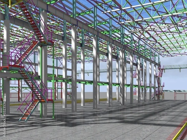Fototapeta BIM-project of an industrial production frame of a building . 3D rendering. The structural model and drawings of the building were made by engineers. Structural engineering.