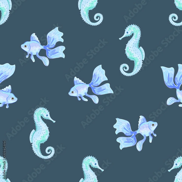 Fototapeta Goldfish and Sea Horse. Seamless pattern with the image of fish. Imitation of watercolor. Isolated illustration.