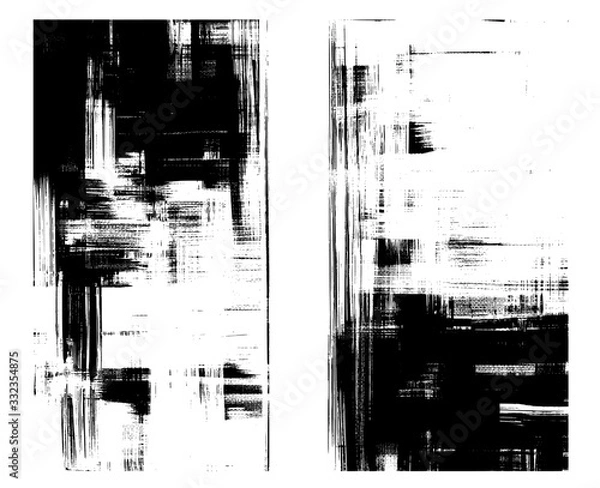 Fototapeta Black and white rough oil paint strokes on canvas. Set of two abstract paintings, cross hatching monochrome grungy background vector illustration