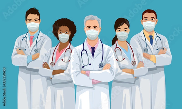 Fototapeta Medical team is wearing face masks and standing crossed arms. Group of confident doctors are ready to virus pandemic. Isolated vector illustration.