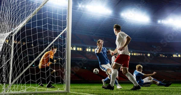 Obraz Tense game moment in front of the goal on the empty professional soccer stadium. No spectators on tribunes. Stadium is made in 3d.