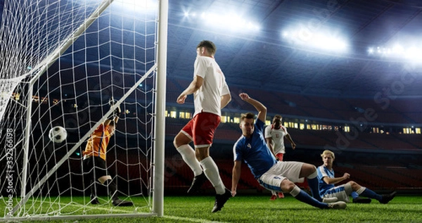 Obraz Tense game moment in front of the goal on the empty professional soccer stadium. No spectators on tribunes. Stadium is made in 3d.