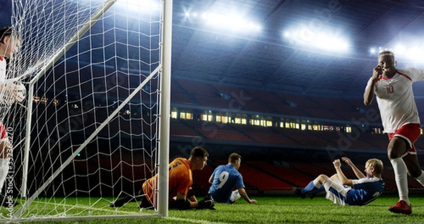 Obraz Tense game moment in front of the goal on the empty professional soccer stadium. No spectators on tribunes. Stadium is made in 3d.