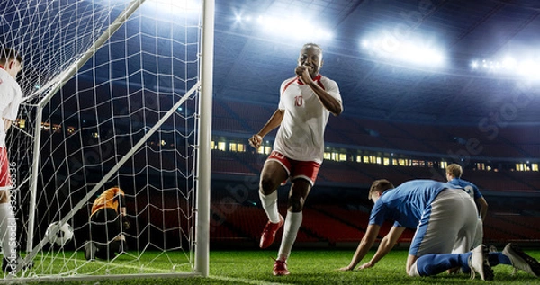 Obraz Tense game moment in front of the goal on the empty professional soccer stadium. No spectators on tribunes. Stadium is made in 3d.