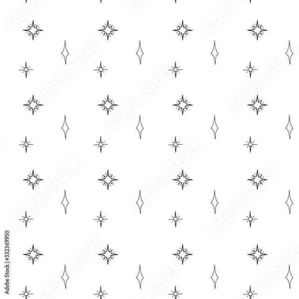 Fototapeta Mystical occult art deco star digital doodle outline seamless pattern on white background. Print for fabrics, banners, cards, wrapping paper, stationery.