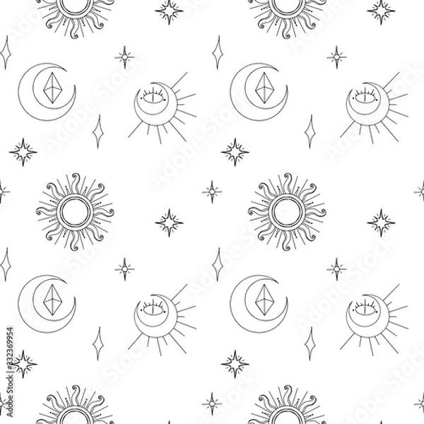 Fototapeta Mystical occult art deco moon, stars, sun digital doodle outline seamless pattern on a white background. Print for fabrics, banners, cards, wrapping paper, stationery.