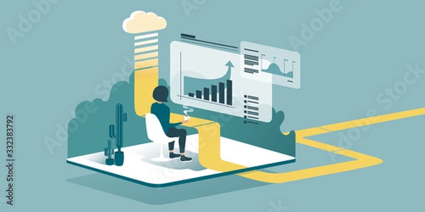 Fototapeta Isometric drawing explaining how cloud computing enhances our ability to learn and work anywhere. Accountants or economists work from home through the cloud. Technical vector illustration.