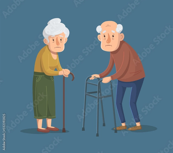 Fototapeta Couple of old people is standing with walking frame and stick. Vector illustration.