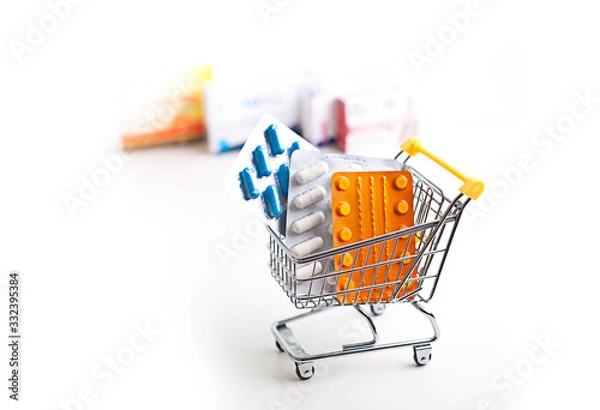 Fototapeta variety of pills in a supermarket trolley