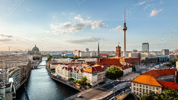 Obraz Berlin Skyline Panorama z wieżą telewizyjną i Spree River o zachodzie słońca w Niemczech