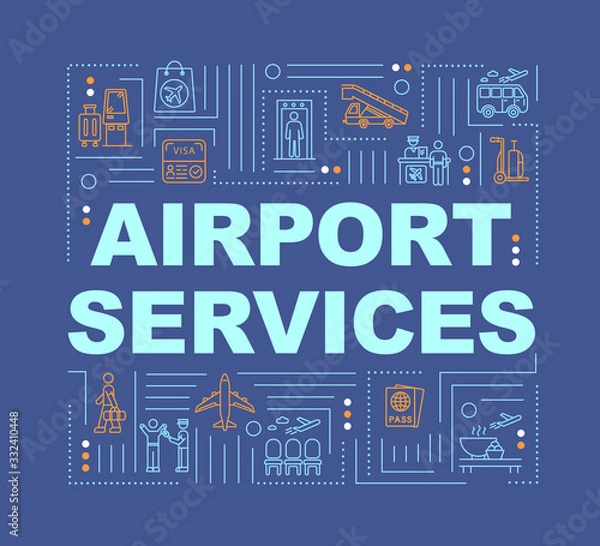 Fototapeta Airport services word concepts banner. Commercial flights, airplane travel infographics with linear icons on blue background. Isolated typography. Vector outline RGB color illustration