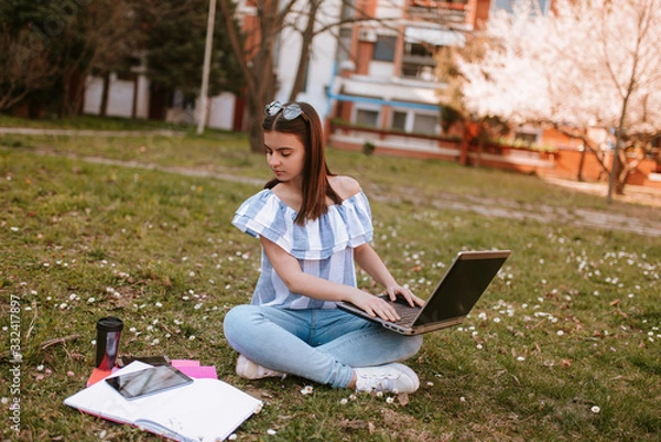 Fototapeta  A young beautiful girl with a phone and a lap top is sitting on the grass in the park