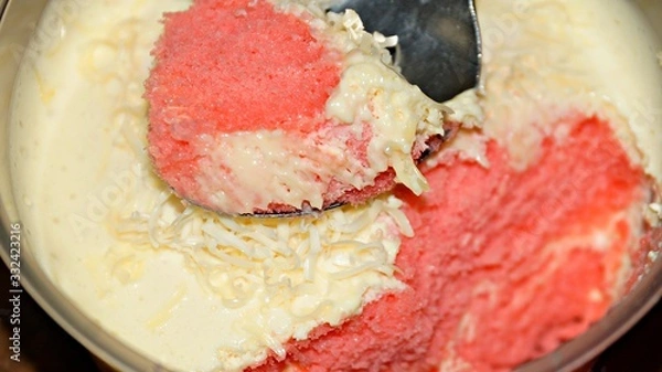 Obraz Close up Strawberry cheesecake on wooden background. Selective focus depth of field.(image contain certain grain or noise and soft focus when view at full resolution).