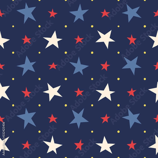 Fototapeta Seamless pattern. Stars red, blue, white on a dark blue background. Vector.