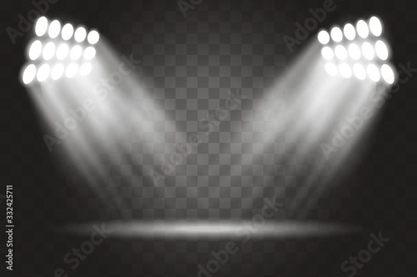 Fototapeta Stadium lights effect on a transparent background. Spotlights realistic vector illustration. Lighting design template, empty scene.