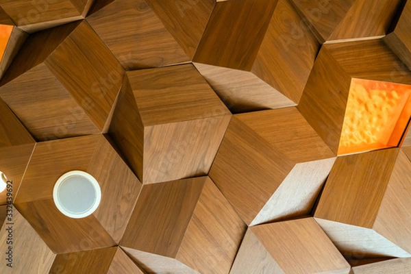 Fototapeta Lights and Speakers on Drop Ceiling Wooden Texture Panels.