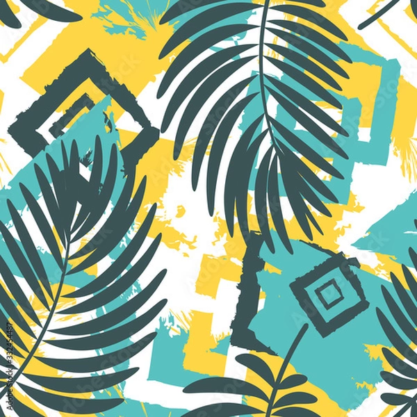 Fototapeta Tropical palm leaf on geometrical   background. Vector  abstract illustration for textile, print, wallpapers, wrapping.