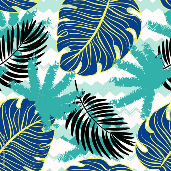 Fototapeta Vector seamless tropical pattern with leaves on white  background. Vector  floral illustration for textile, print, wallpapers, wrapping.