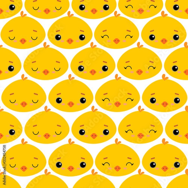 Fototapeta Cute vector illustration with spring chicken. Seamless pattern. Background. Adorable cartoon faces. Easter theme. For design, print on fabric, wallpaper, children's decor.