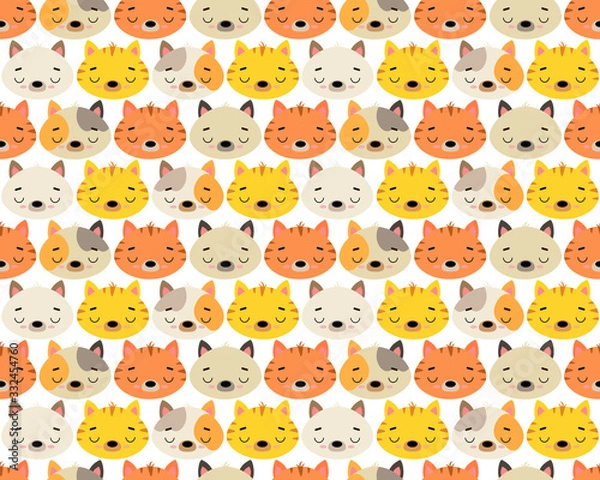 Fototapeta Cute vector illustration with cats of different breeds. Seamless pattern. Background. Adorable cartoon pets faces. For design, print on fabric, wallpaper, children's decor.