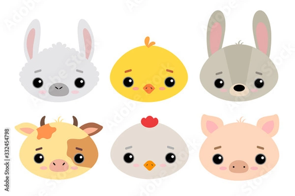 Fototapeta Set of cute vector illustrations in flat style isolated on white background. Farm animals and birds. Llama or alpaca, duck, rabbit, cow, chicken, pig in cartoon style. For design and children's decor.