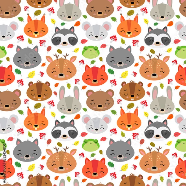 Fototapeta Cute vector illustration with wild forest animals. Seamless pattern. Background. Adorable cartoon faces. Bear, wolf, fox, squirrel, deer, raccoon, beaver, hare, mouse, frog. Print, children's decor.
