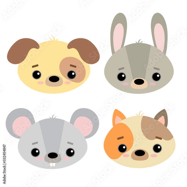 Fototapeta Set of cute vector illustrations in flat style isolated on white background. Pets. Dog, cat, rat and rabbit in cartoon style. For design and children's decor.