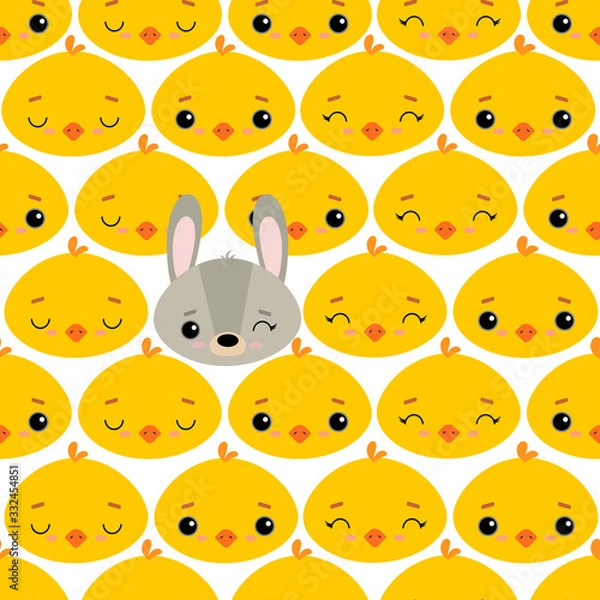 Fototapeta Cute vector illustration with spring chicken and a rabbit. Seamless pattern. Background. Adorable cartoon faces. Easter theme. For design, print on fabric, wallpaper, children's decor.