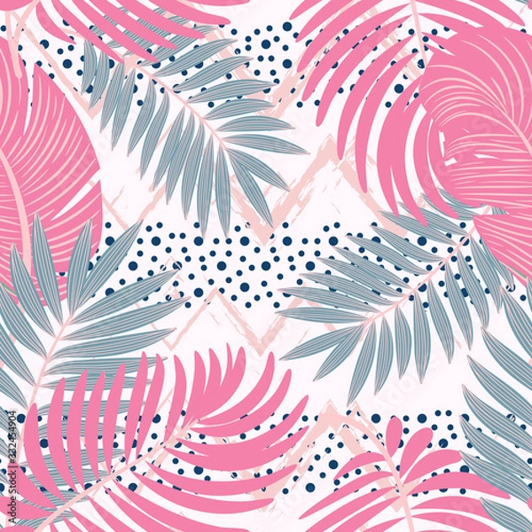 Obraz Vector seamless tropical pattern with leaves on white  background. Vector  floral illustration for textile, print, wallpapers, wrapping.