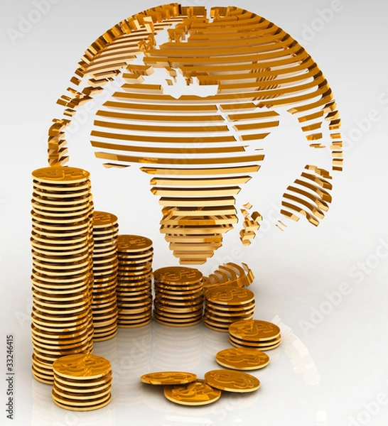 Obraz Gold globe with many gold coins