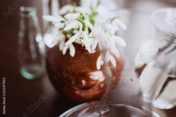 Obraz Snowdrops in a clay vase between glass containers on the table. Concept for spring. The first flowers. Still life