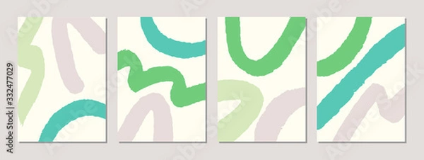 Fototapeta A set of abstract templates in green and pink on cream background.