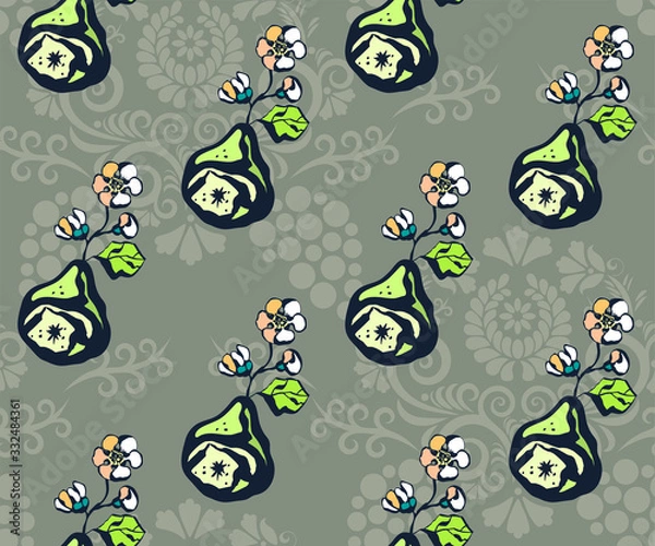 Fototapeta Seamless floral pattern with pear and flowers. Ornamental decorative background. Vector pattern. Print for textile, cloth, wallpaper, scrapbooking